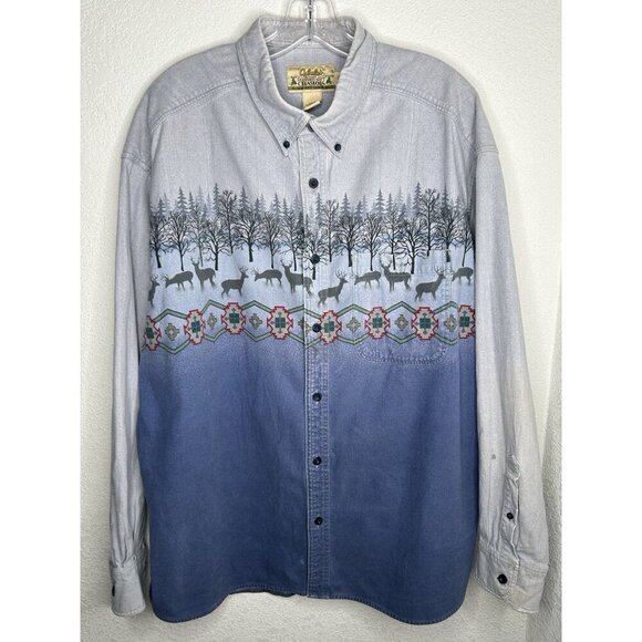 Vintage Cabelas Chamois Shirt Mens 2XL Blue Ombre Deer Aztec Button Up Soft - Picture 1 of 16